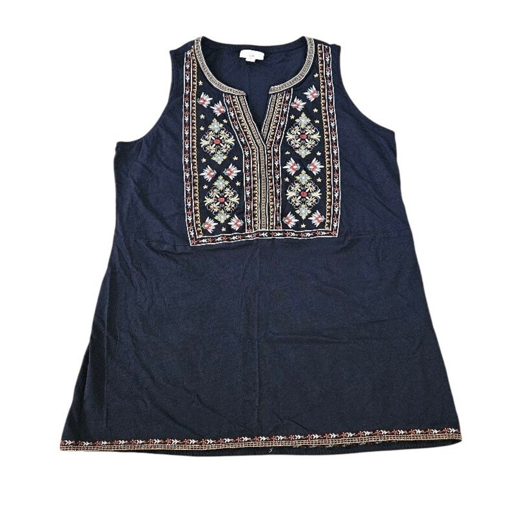J. Jill Womens Navy Blue Embroidered Sleeveless Tank Top Cotton Modal Large